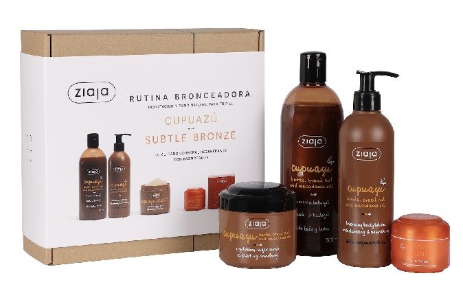 Set Rutina Bronceadora Cupuazú & Subtle Bronze de Ziaja (19,99 euros). El secreto de una piel radiante y bronceada, sin exponerse al sol. Formulados con manteca de cupuazú, estos productos nutren intensamente la piel, mejoran su elasticidad y proporcionan un tono dorado sin sol. Incluye cuatro productos: el exfoliante de azúcar cristalino de Cupuazú, el gel de ducha hidratante, la loción corporal bronceadora hidratante y nutritiva y la crema facial bronceadora.