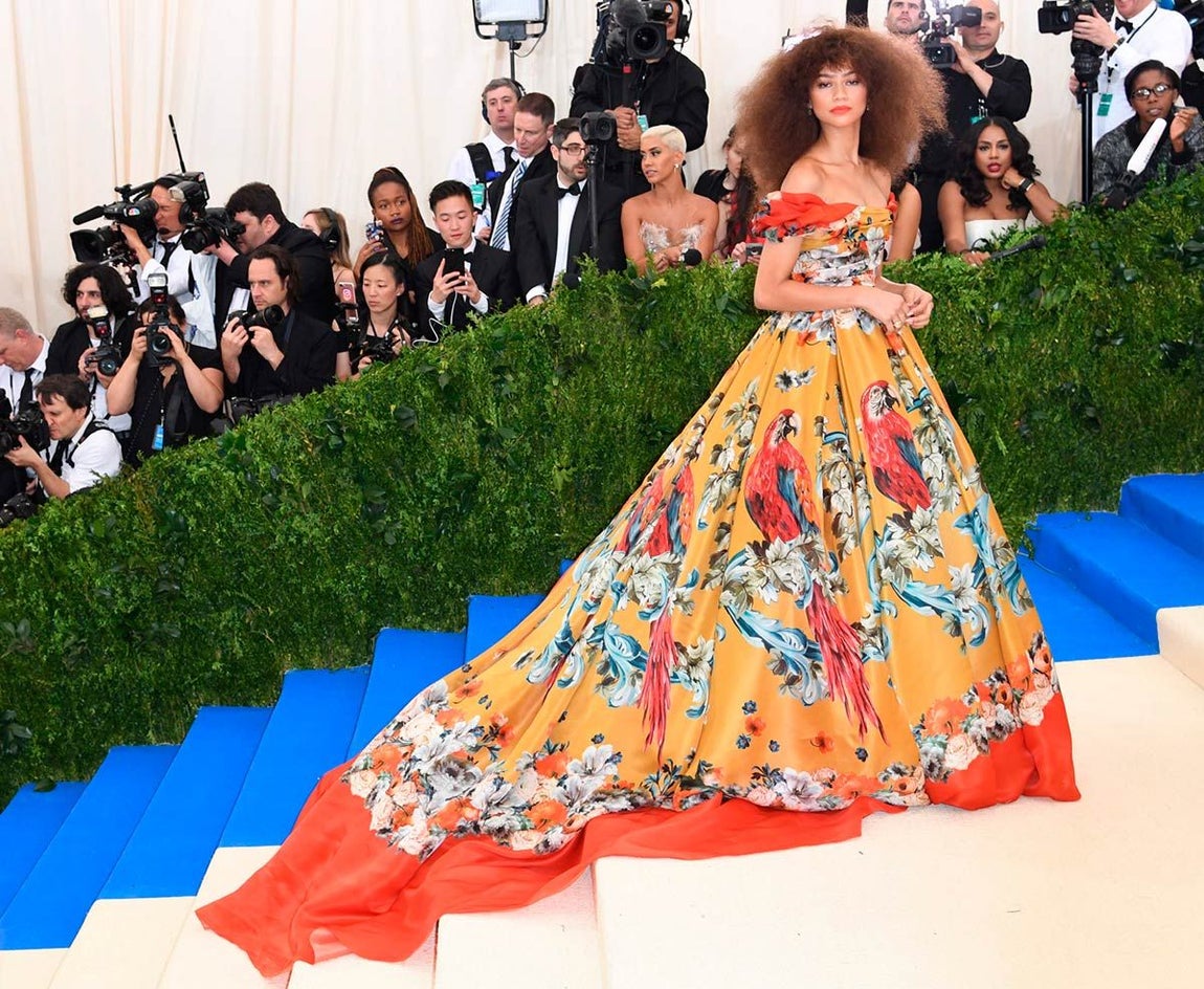 En 2017, Zendaya peinó su pelo afro y llevo un vestido largo naranja y rojo con estampado floral y animal firmado por Dolce & Gabanna.