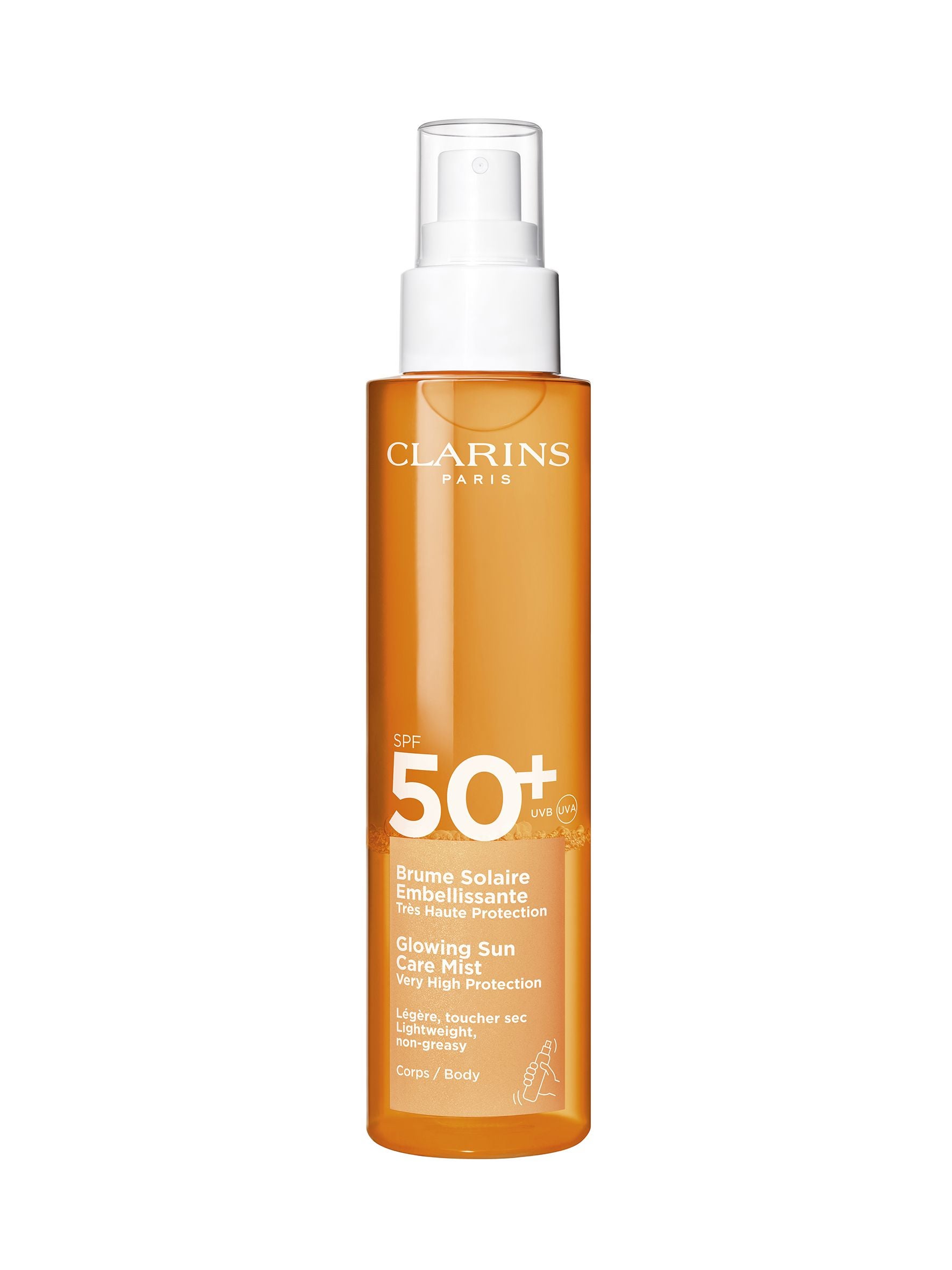 Bruma Solaire Embellissante SPF50+ de Clarins (35,50 euros). Bruma bifásica corporal con acabado satinado e invisible, que ofrece una sensación fresca y ligera, a la vez que brinda una protección alta para combatir los efectos nocivos del sol.
