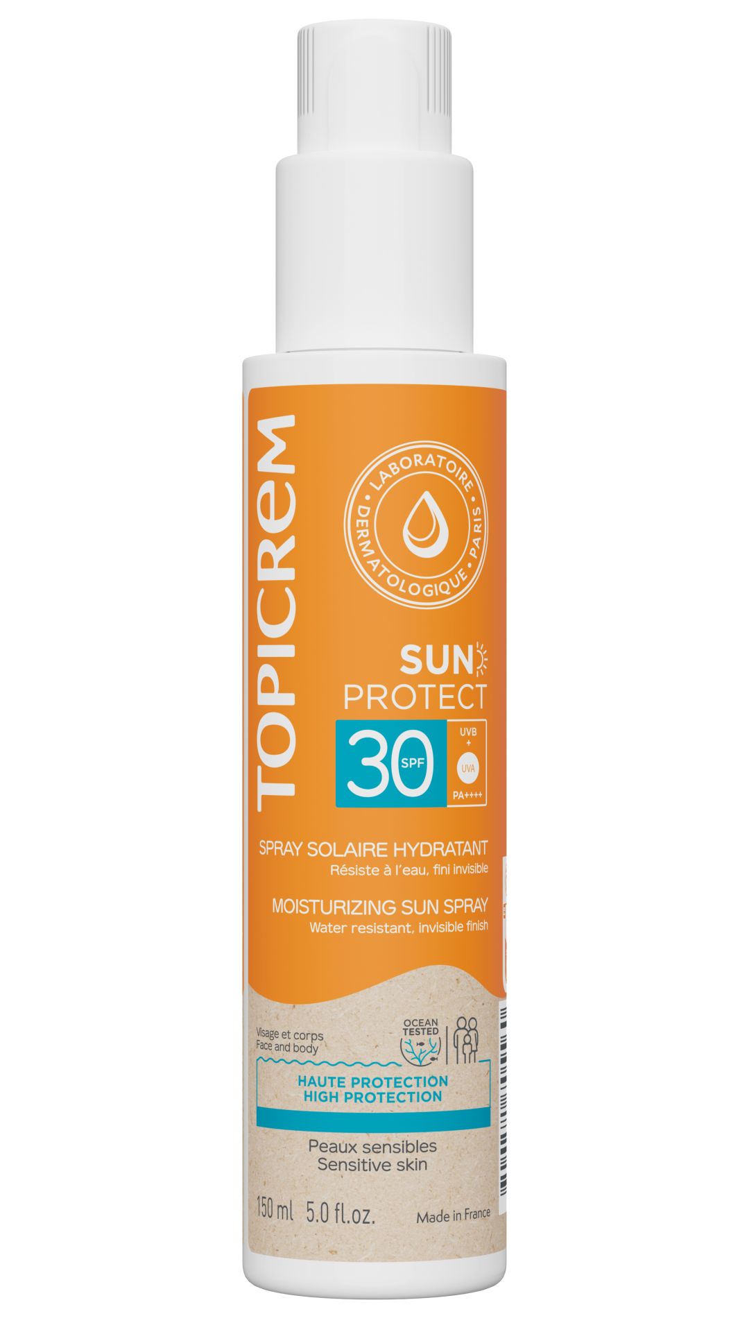 Sun Protect SPF30 de Topicrem (17,95 euros). Spray solar para piel sensible del rostro y del cuerpo, con alta protección frente a los rayos UVA y UVB. Ha sido formulado con filtros orgánicos, betaína, calmante e hidratante y glicerina, que protege la función barrera de la piel. Además, incluye extracto de equinácea, antioxidante y calmante. De acabado invisible, no deja marcas blancas, es resistente al agua y al sudor y no comedogénico. Se presenta en un envase de diseño ecológico 50% de plático reciclado.