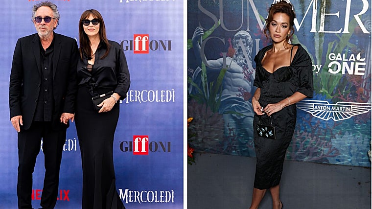 Tim Burton y Monica Bellucci en Italia, en el estreno de la segunda temporada de 'Miércoles' (Netflix), mientras Rita Ora posa en una fiesta veraniega en Saint Tropez
