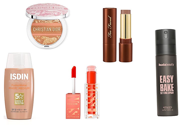 Fotoprotector con color Fusion Water Magic SPF 50 de Isdin (26,95 euros), Polvos bronceadores Dior Forever Nude Bronze Glow (62 euros), Bronceador Chocolate Soleil Stick Crémeux de Too Faced (33 euros), Colorete líquido Sunkisser de Maybelline NY (8,50 euros) y Fijador de maquillaje Easy Bake Setting Spray de Huda Beauty (35 euros).