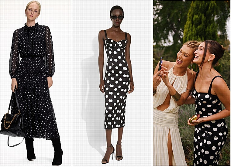 El vestido de la izquierda de Carolina Herrera y el de la derecha, de Dolce&Gabanna, elegido por Hailey Bieber