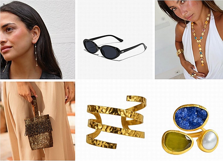 Pendientes Lilac Flower de Seasons by Macabla (40 euros)/ Gafas de sol Diana Black de Kalk (49,99 euros)/ Cadena Lava de Woonder (68 euros)/ Brazalete Liana de Woonder (30 euros)/ Anillo Amazonas de Woonder (32,50 euros)