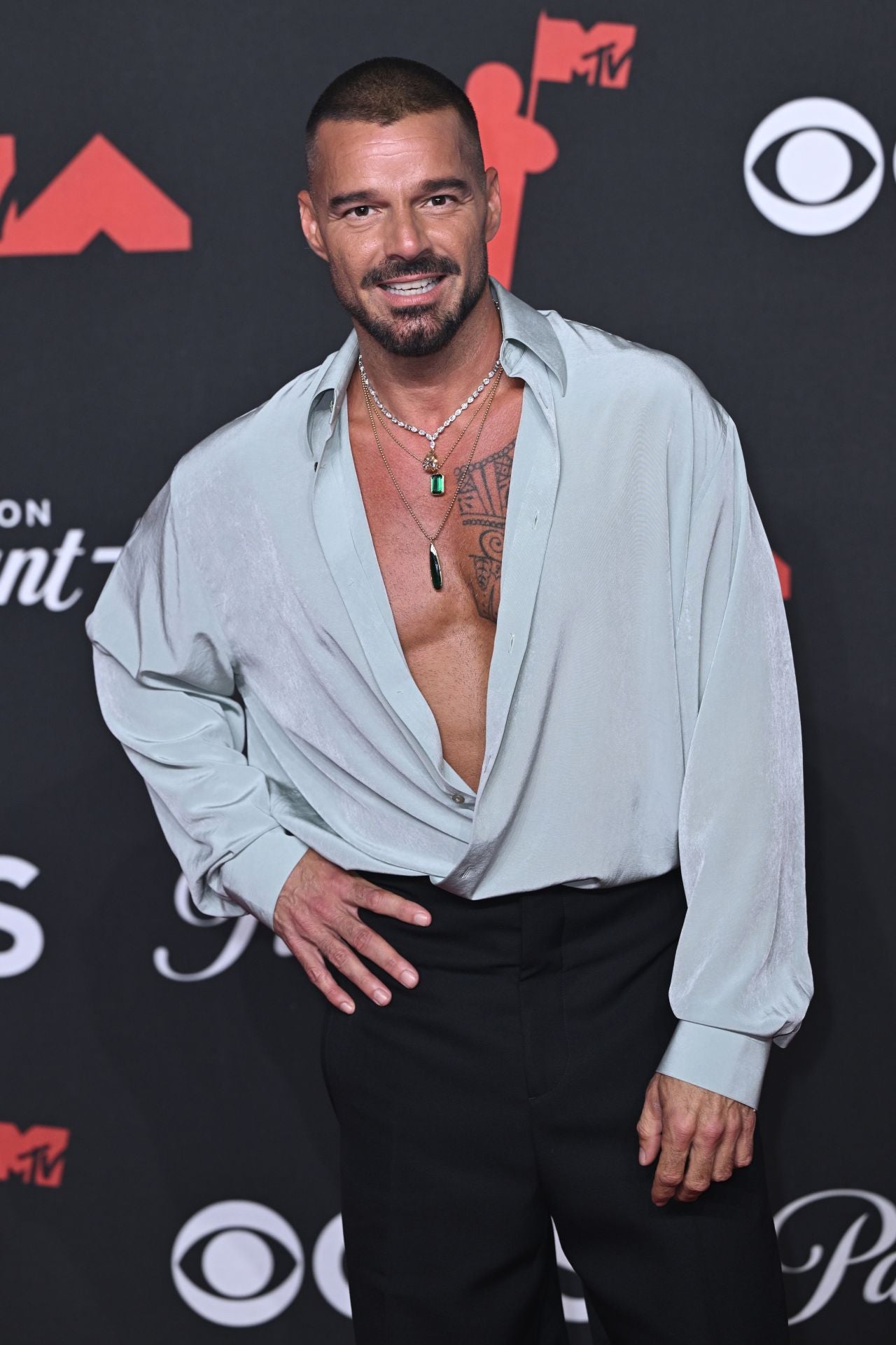 Ricky Martin, con camisa de gran escote y pantalón negro a su llegada a la alfombra roja.