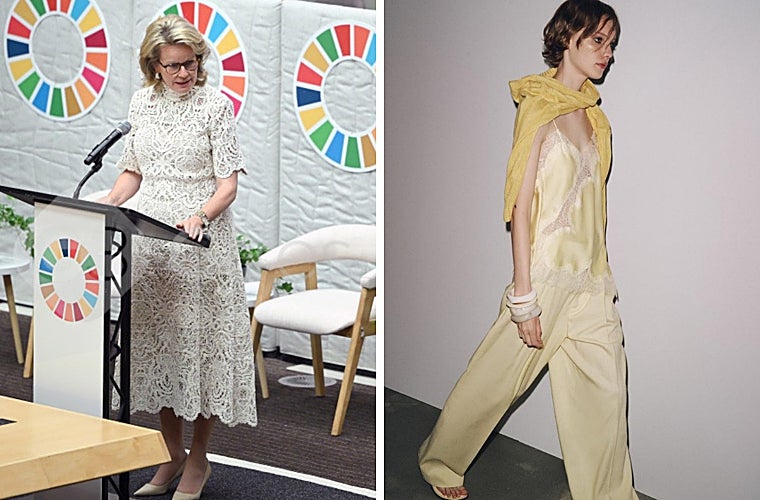 La reina Matilde de Bégica con vestido de encaje y look de Zara con top de encaje y pantalón de pinzas de viscosa