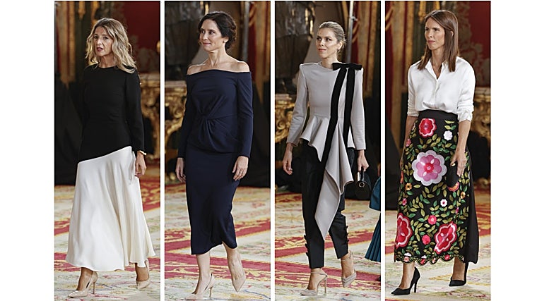 Yolanda Díaz viste un modelo de Coosy; Isabel Díaz Ayuso, un diseño de Victoria Colección, y Manuela Villena, dos piezas de IQ Collection, al igual que la falda de otra de las invitadas
