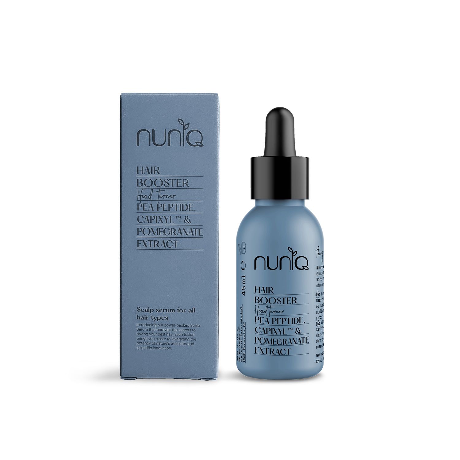 Sérum Anticaída Head Turner de Nuniq (39 euros).  Reduce la caída del cabello, lo fortalece desde la raíz, estimula su crecimiento y mejora su densidad hasta un 46% 4 meses, gracias a Capixyl™, ingrediente clínicamente probado. Su fórmula clean beauty, sin fragancia y a base de agua, cuida el cuero cabelludo, reduce la rotura y aporta un volumen natural al cabello fino o debilitado. Envasado en botellas de aluminio 100 % reciclado. Hecho en España.