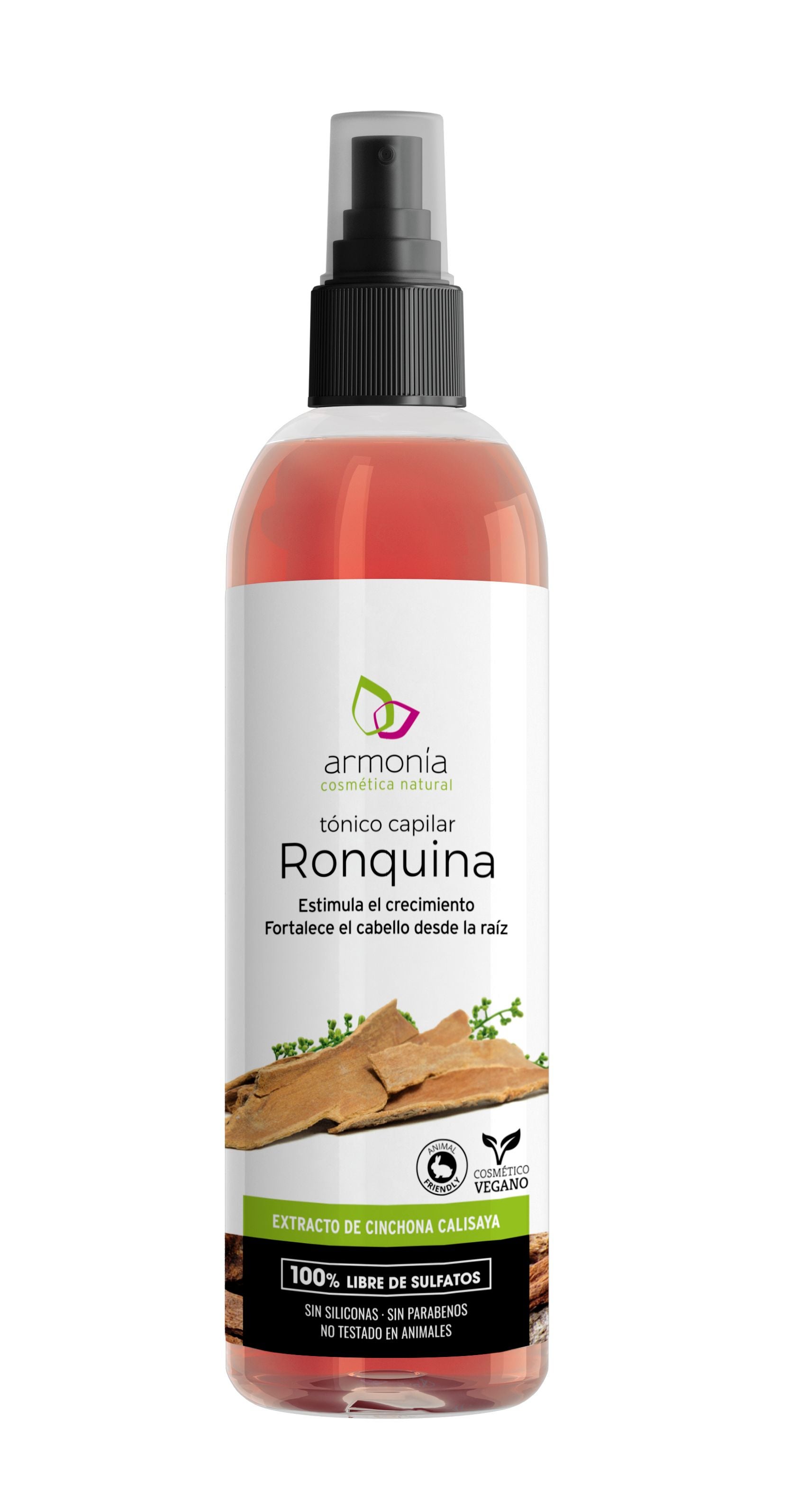 Tónico capilar Ronquina de Armonia Cosmética Natural (10,55 euros). Formulado con quina, rica en más de 20 alcaloides naturales que la convierten en un potente antiséptico, cicatrizante y astringente. Estos activos estimulan la circulación sanguínea del cuero cabelludo, activando los folículos pilosos y favoreciendo el crecimiento de un cabello fuerte, sano y brillante.