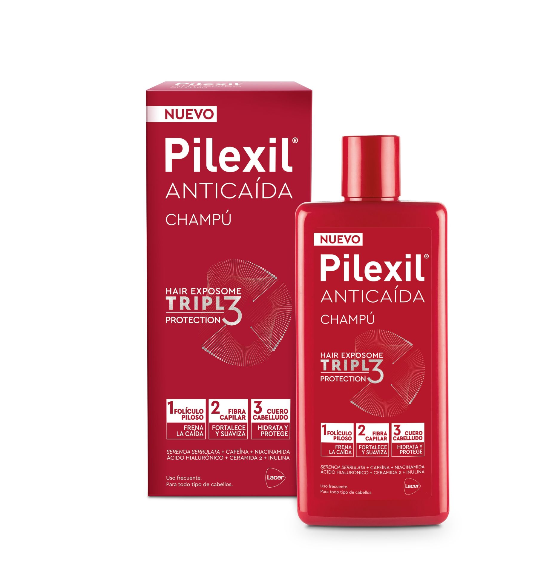 Pilexil Champú Anticaída Triple 3 (12,42 euros). Un champú de tratamiento indicado para frenar la caída, proteger y fortalecer el cabello desde la raíz, normalizando su ciclo de crecimiento. Actúa en el folículo piloso, en la fibra capilar y en el cuero cabelludo, gracias a una combinación de ingredientes como la cafeína, la niacinamida, el ácido hialurónico, las ceramidas, la inulina y la serenoa serrulata.