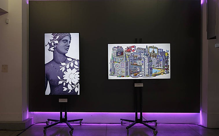 Imagen principal - Algunas de las obras realizadas mediante tecnología NFT de la exposición (arriba); Pilar Ros junto a otros pacientes que han participado en la iniciativa junto a los artistas que han realizado las obras (abajo izquierda); Pilar posa con su obra y la artista encargada de llevarlo a cabo el trabajo (abajo derecha)