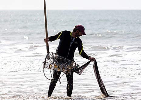 Imagen secundaria 1 - Sobre estas líneas, arriba, Ángel León durante su ponencia en el Encuentro de los Mares. Abajo, a la izquierda, un coquinero de Doñana, durante una de las paradas de este congreso itinerante que ha recorrido. A la derecha, Uxío Labarta