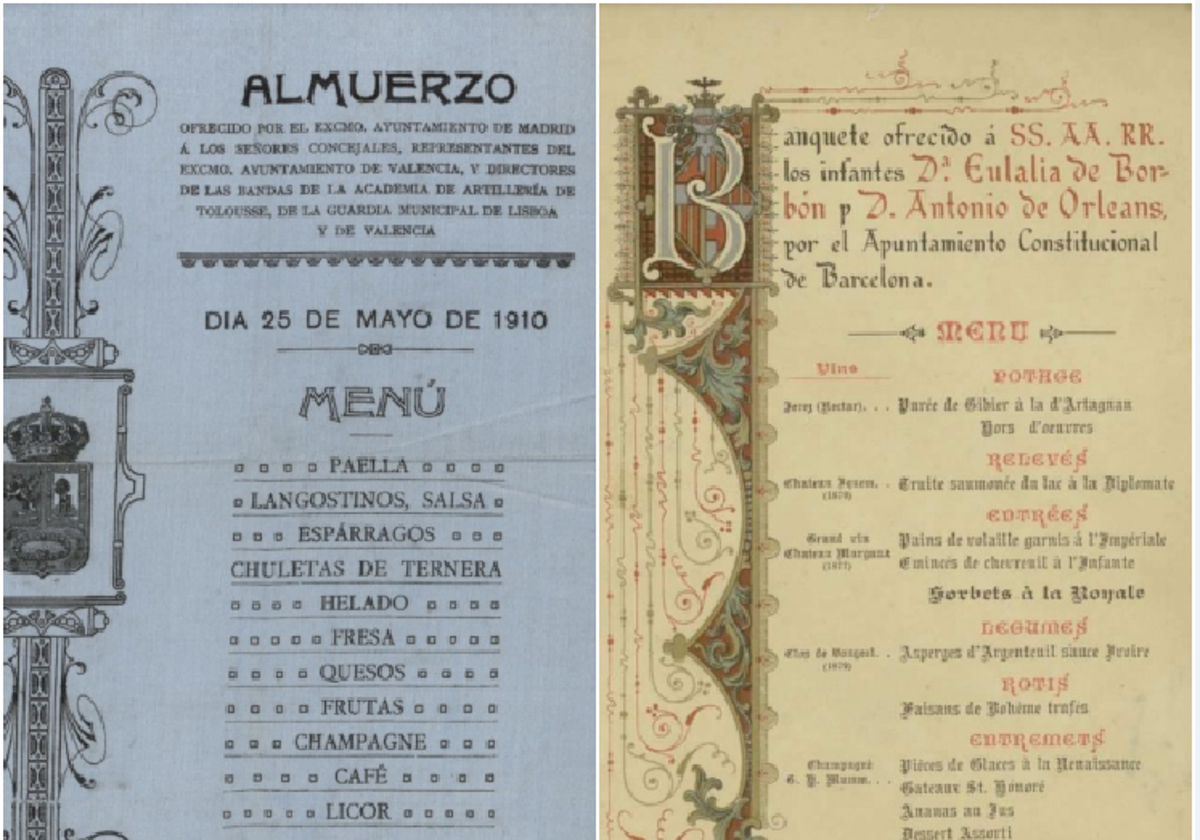 Dos de los menús históricos que conserva la Biblioteca Nacional en sus fondos