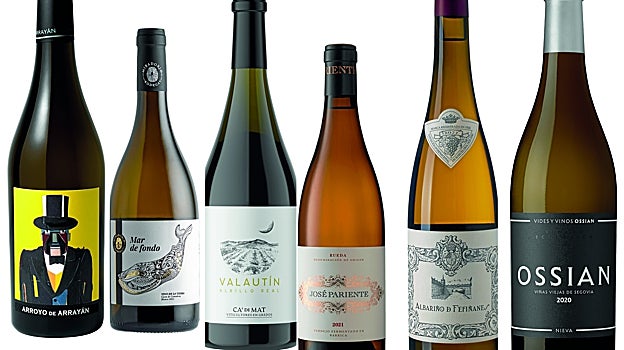 De izquierda a derecha: botellas de Arroyo de Arrayán, Mar de Fondo, Valautín Albillo Real, José Pariente (fermentado en barrica), Albariño de Fefiñanes, Ossian.