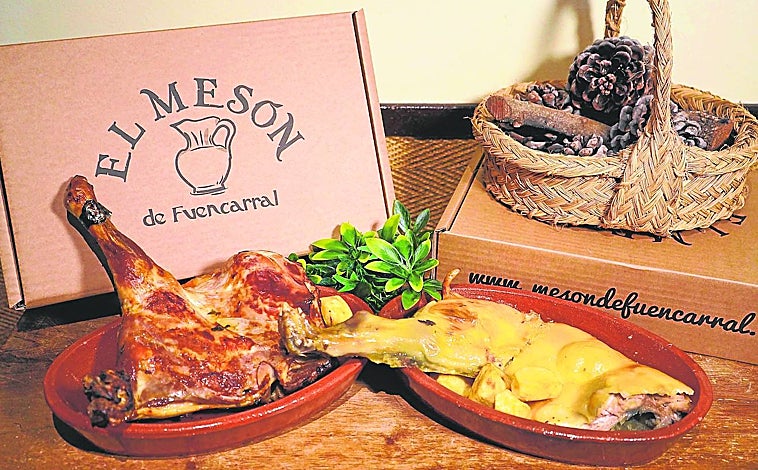 Imagen principal - Arriba, sobre estas líneas, asados de cordero y cochinillo de El Mesón de Fuencarral. Abajo, a la izquierda, pularda rellena de Solobuey. A la derecha, paletilla de cordero segureño de Uskar