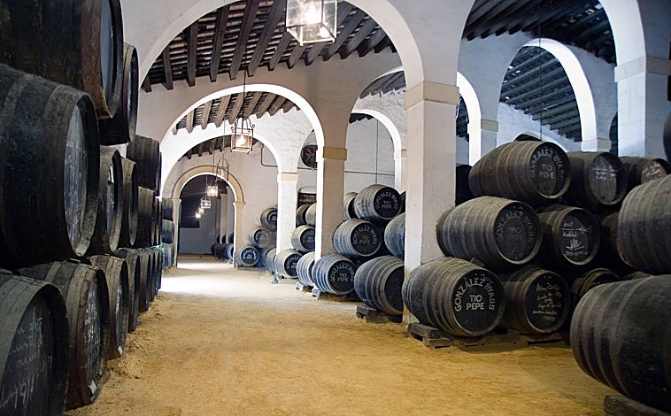 Imagen principal - Bodegas González Byass está en el centro de Jerez. En sus instalaciones pueden verse botas firmadas por famosos, entre otros puntos de interés.