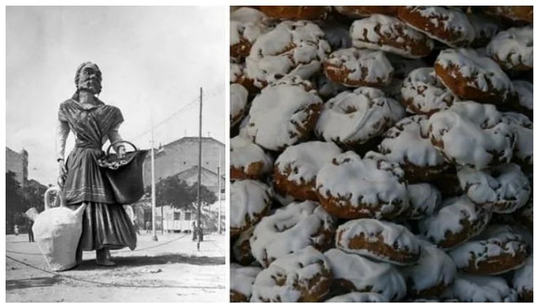 A la izquierda, una «falla» de las fiestas de Chamberí representado a la Tía Javiera en 1915; a la derecha, rosquillas del santo