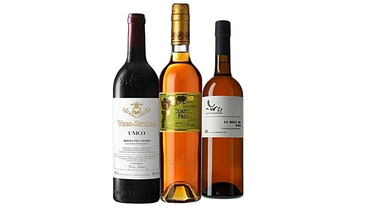 Da esquerda para a direita: Unico 2015, Cuatro Palmas Amontillado 2025, La Bota Nº 124.