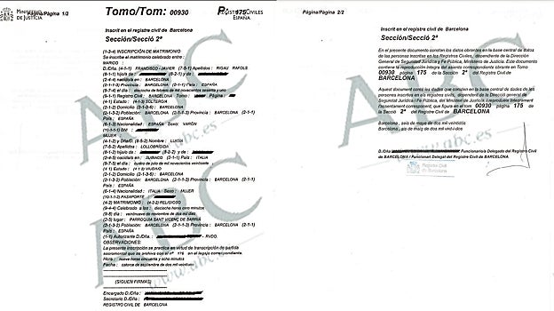 Documentación que prueba que, legalmente, Gina y Javier siguen siendo matrimonio