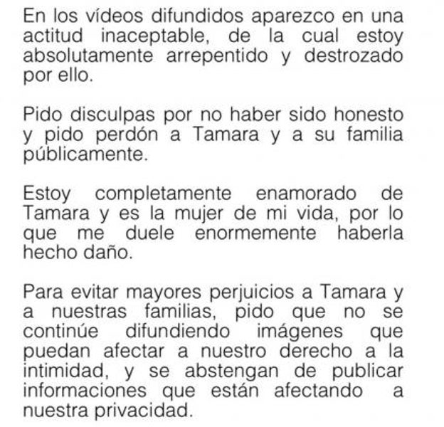 Comunicado de íñigo Onieva confesando su infidelidad a Tamara Falcó