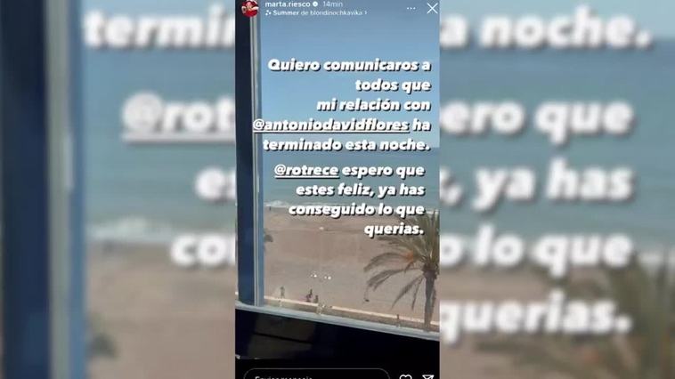 Marta Riesco anuncia su ruptura con Antonio David y culpa a Rocío Flores