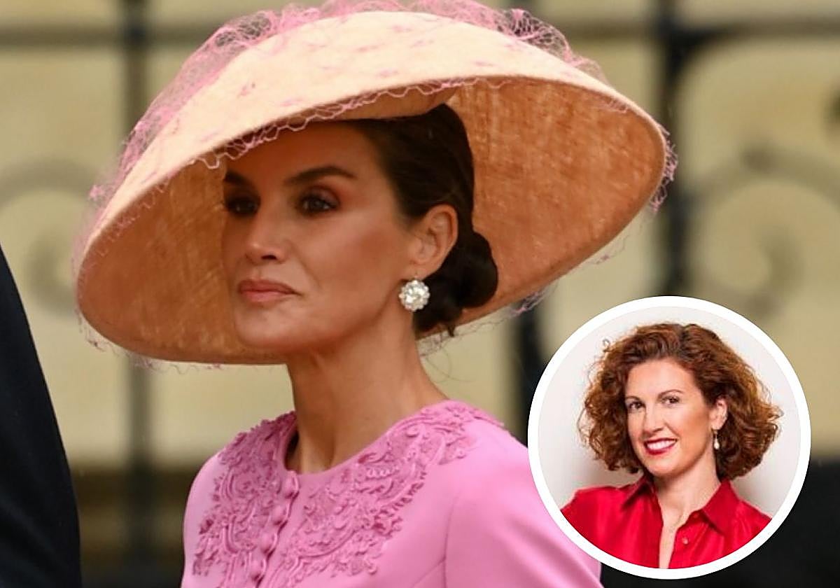 La Reina Letizia en la ceremonia de coronación de Carlos III. En pequeño, la diseñadora Isabel Terroso