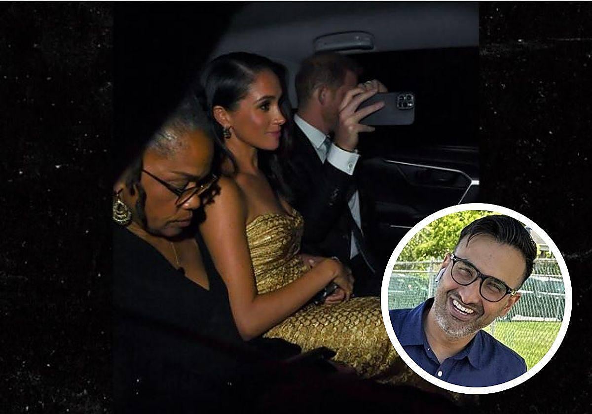 Montaje de los duques de Sussex en el taxi al que subieron tras la entrega de premios Women of Vision Awards y en la imagen pequeña el conductor del mismo