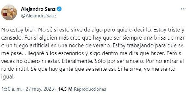 Alejandro Sanz reaparece tras su alarmante mensaje: «He tenido un brote fuerte»