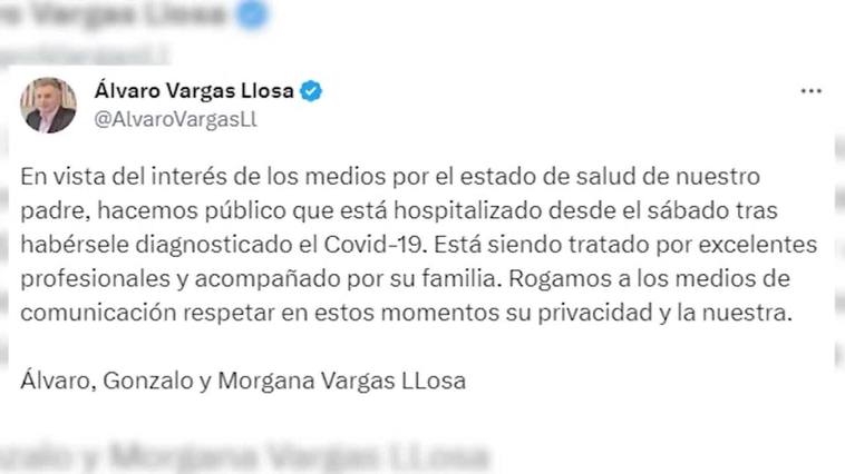 Mario Vargas Llosa, hospitalizado por Covid-19 desde el sábado