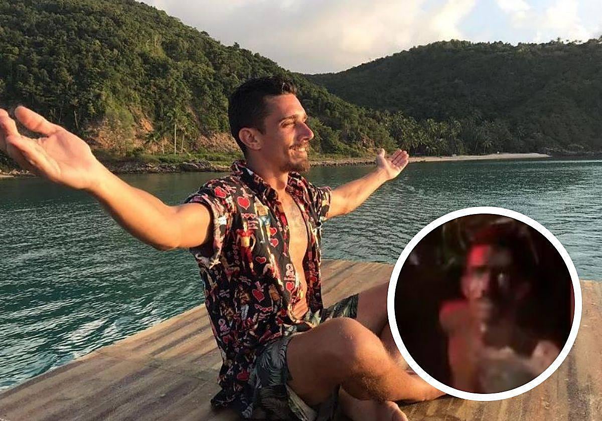 Carlos Alcañiz, en una foto de su Instagram en Koh Phangan y en el momento de su detención