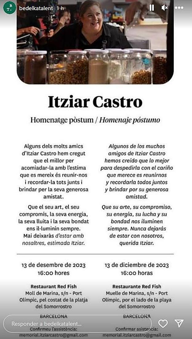 'Storie' de Bedelka Talent sobre el homenaje a Itziar Castro