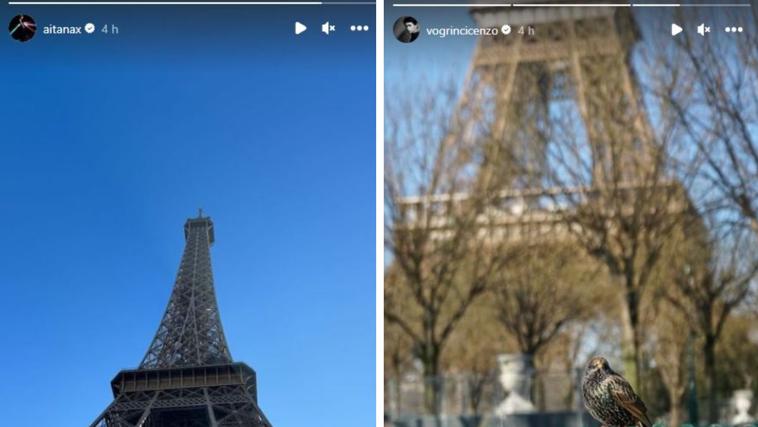 A la izquierda, la foto de Aitana de la Torre Eiffel y a la derecha la de Enzo, subidas con minutos de diferencia