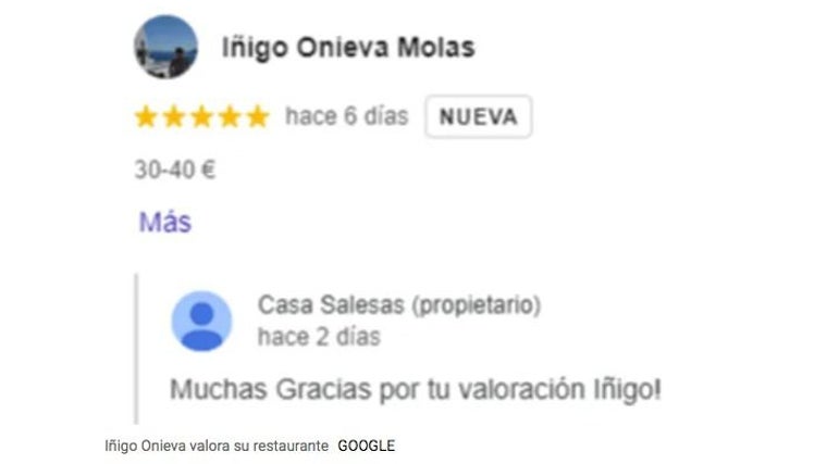 Las redes se mofan de Íñigo Onieva por la reseña escrita en su propio restaurante