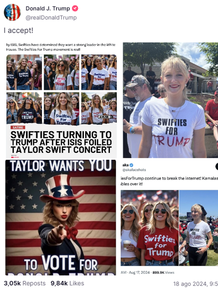 Donald Trump se apropia del apoyo inexistente de Taylor Swift con imágenes creadas por IA