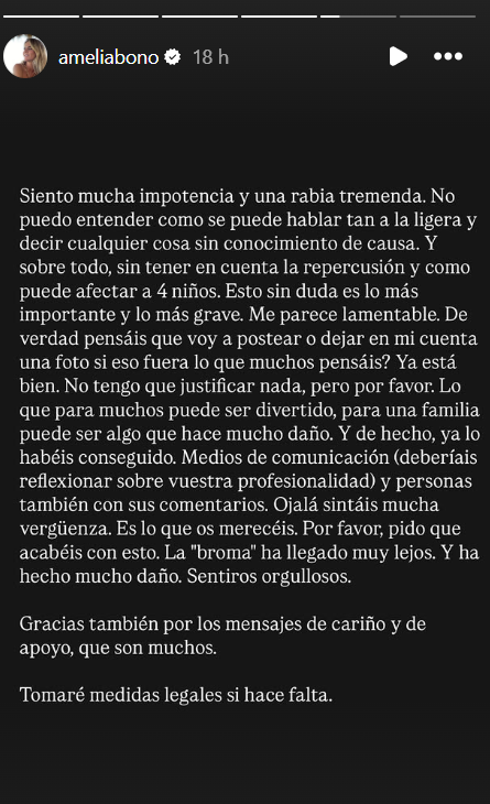 Amelia Bono emite un comunicado tras su polémica foto en redes: «La 'broma' ha llegado muy lejos»