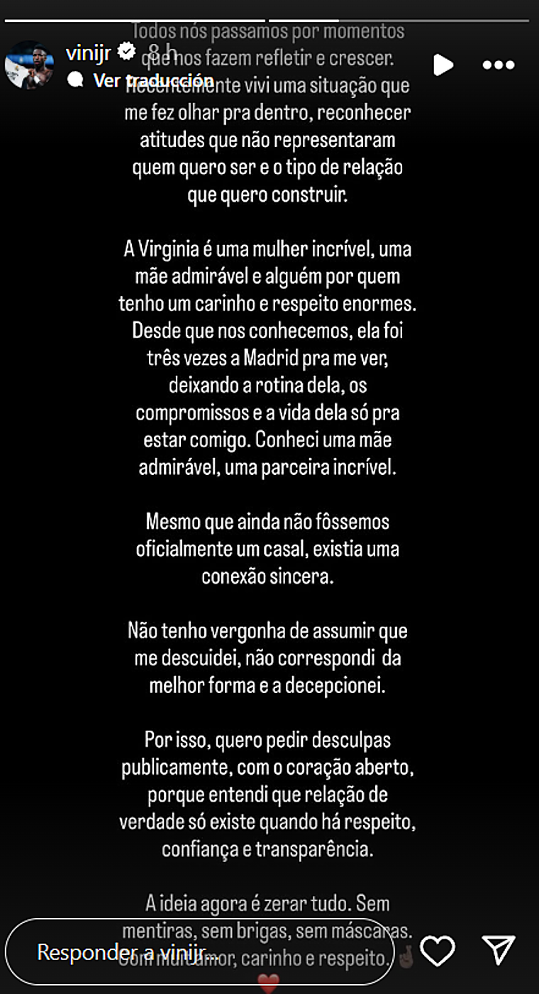 El mea culpa de Vinicius ante los rumores de infidelidad: «Quiero disculparme públicamente, con el corazón abierto»