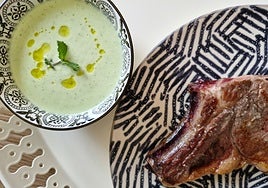 Chuletón de ternera con crema de pepino y yogur