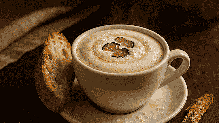 Capuchino de setas de cardo y álamo con espuma de queso parmesano y crujiente de pan de campo. Bodegas Mezquita