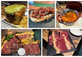 Montaje con algunos de los platos del restaurante Plato roto y de sus carnes maduradas