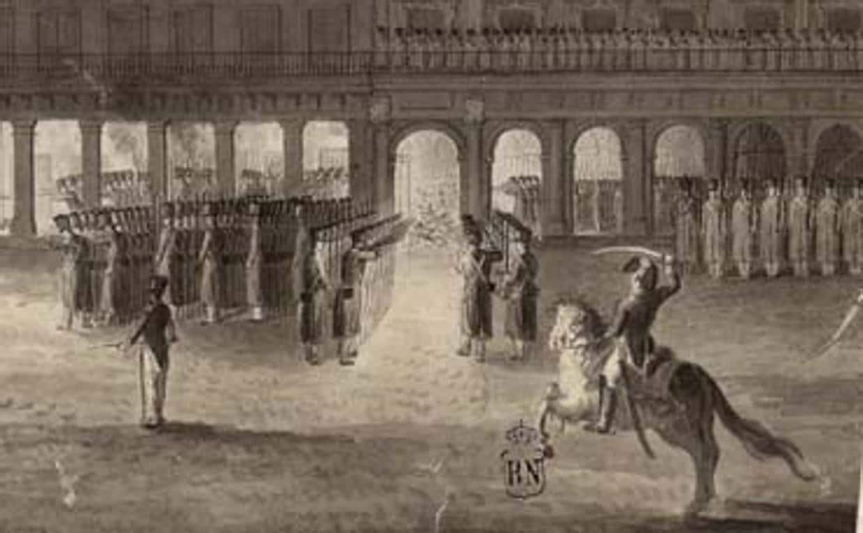 Detalle de una ilustración del siglo XIX sobre el combate del 7 de julio de 1822 en la Plaza Mayor de Madrid