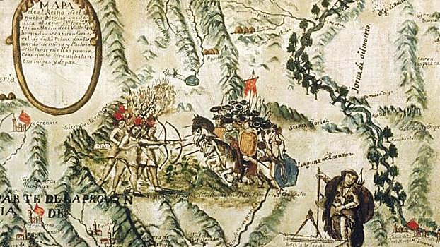 Detalle del 'Mapa de el reino de el nuebo Mexico' presentado al gobernador Maríndel Valle, ca. 1760 (restaurado)