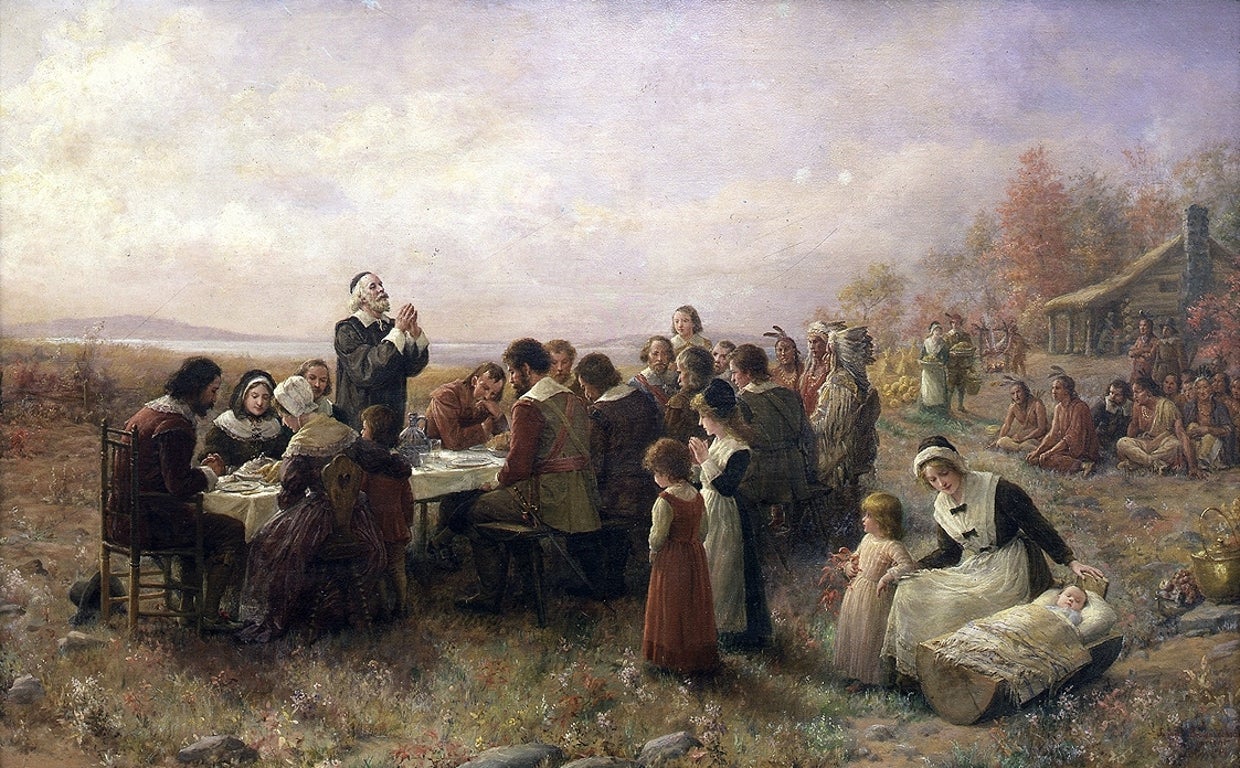 Imagen idílica de la llegada de los padres peregrinos al Nuevo Mundo.