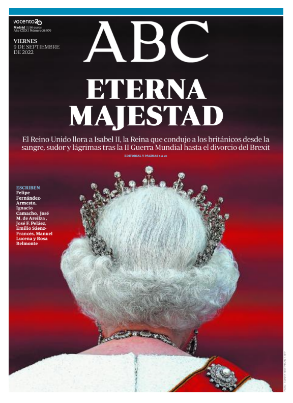 Tras el anuncio de su muerte el 8 de septiembre, ABC dedica la portada del día siguiente a la ya difunta Reina Isabel II de Inglaterra.