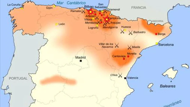 Mapa de calor del norte de España con los lugares que registraron más batallas durante la Primera Guerra Carlista