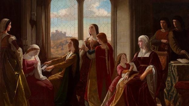 La obra representa a la reina Isabel la Católica presidiendo la educación de sus hijos.