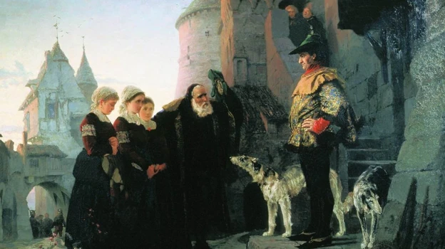 Representación de un anciano entregando a sus hijas a un noble en la Edad Media. Este y otros tantos cuadros generalizaron la mentira del derecho de pernada