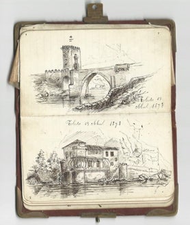 Imagen secundaria 2 - Arriba, ruinas del Monasterio de los Jerónimos, en Ávila. Abajo a la derecha, casa de la familia Botón, en Málaga, alrededor de 1908. Abajo a la izquierda, uno de los cuadernos del general Picasso, con dos dibujos de Toledo realizados en 1878