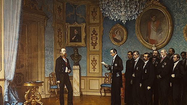 La comisión mexicana que invita a Maximiliano de Habsburgo a ocupar el trono de México en Miramar.
