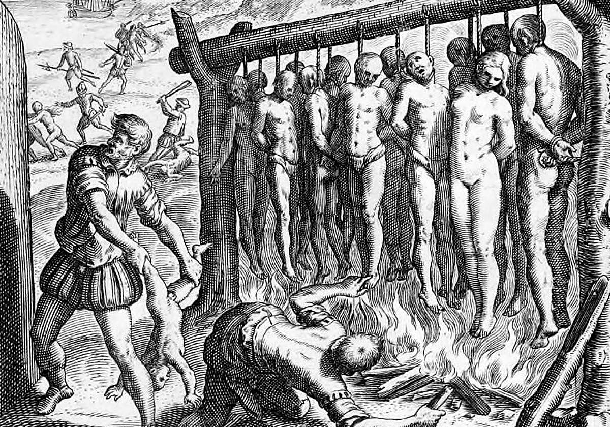 Grabado del neerlandés Theodor de Bry (1528-1598) mostrando la supuesta quema de indígenas en el Nuevo Mundo.