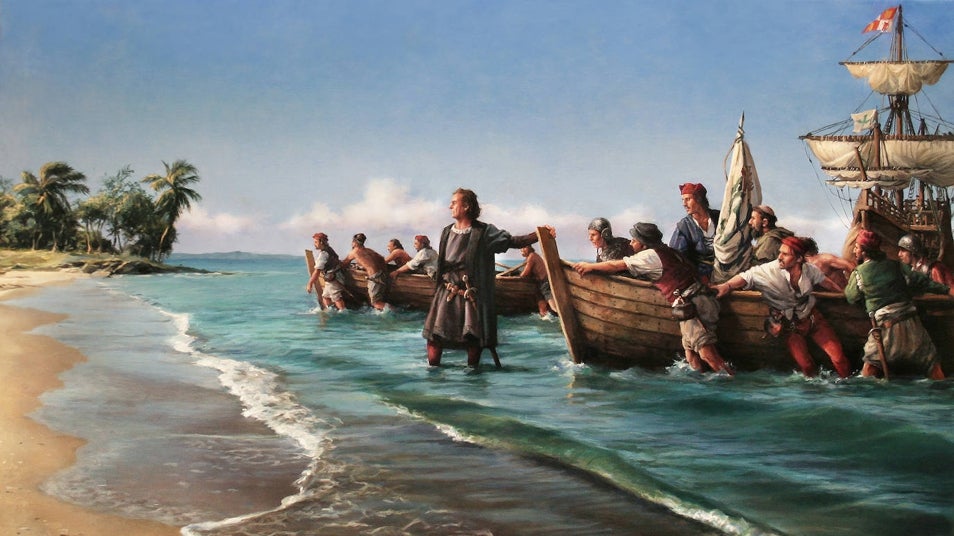 'La primera playa'. Augusto Ferrer-Dalmau revive la llegada de Colon a Guanahani el 12 de octubre de 1492